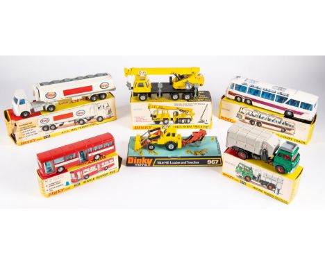 6x Dinky Toys. Vega Luxury Coach (954). Single Deck Bus (283). AEC Fuel Tanker Esso (945). Coles Hydra Truck 150T (980). Muir