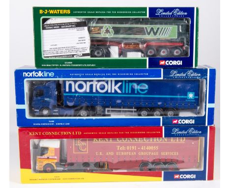 3 Corgi Trucks. Scania Curtainside articulated truck (76402). In Norfolk Line blue livery. A Renault Premium Curtainside arti