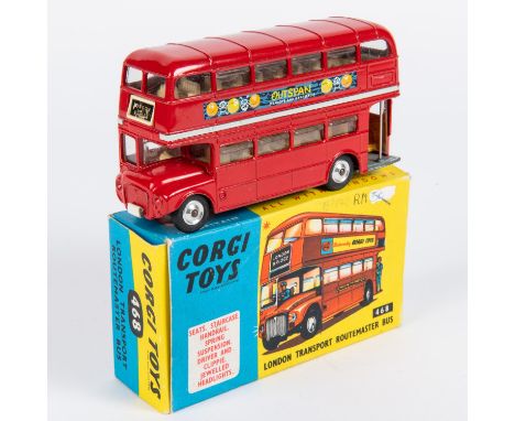 Corgi Toys London Transport Routemaster bus (468). In red livery, including the grill and lights (one missing), with OUTSPAN 