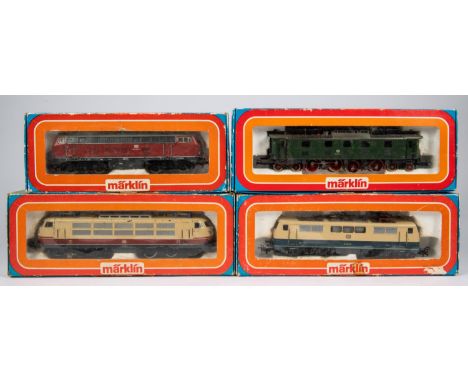 4x Marklin HO gauge German DB outline railway locomotives. A diesel Bo-Bo loco, 216 025-7, in maroon (3075). Together with 3x
