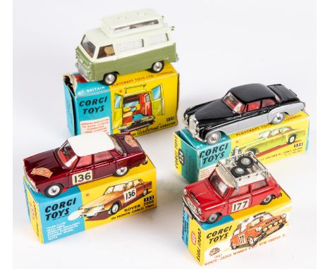 4 Corgi Toys. Ford Thames Airborne Caravan (420), in metallic green and pale green, in worn/damaged box. Plus 3 loose example