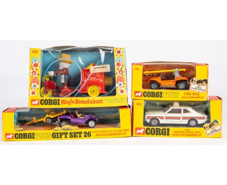 4x Corgi Toys. A Whizzwheels Gift Set No.26; Beach Buggy in metallic purple with yellow trailer (boat missing). Cortina Polic