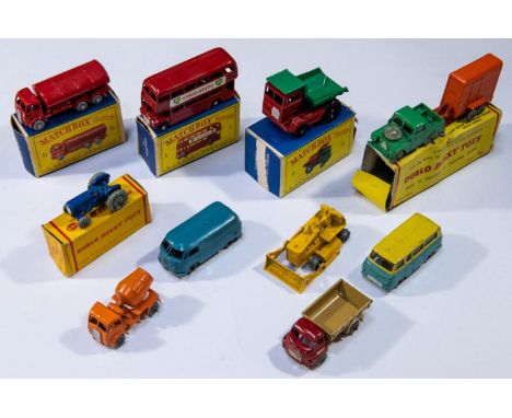 8x Matchbox Series, plus 2x Dublo Dinky Toys. 2c; Muir Hill Dumper Truck in red with green back and black plastic wheels. 5c;