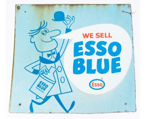 A enamelled two-sided sign for 'Esso Blue' Parafin. A blue background with a figure to left announcing 'We Sell Esso Blue' an