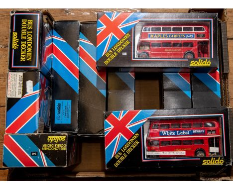 10 Solido London Double Decker Buses, most Code 3 modified. RT113, Route 30, red wartime, Brymay. RT1723, Route 52, red, Dewa