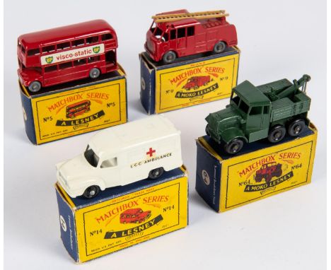 Matchbox series regular wheels, No.5 London Routemaster bus, BP Visco Static in red with plastic grey wheels, No.64 Scammel  