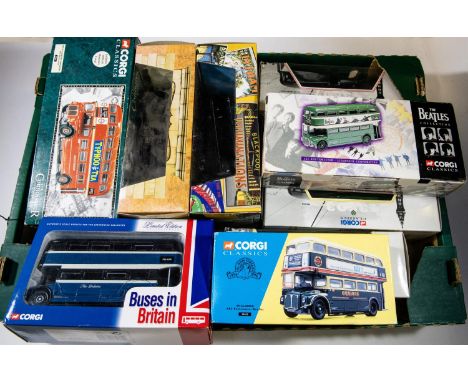11 Corgi Trams and Buses. A L.T. Feltham Tram, Eclipse Blackpool Brush Railcoach, Empire Pools Blackpool Balloon Tram, 2x War