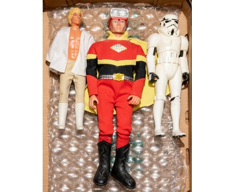 3 plastic Hero Figures. Luke Skywalker (height 31cm). Stormtrooper (height 30cm). Pus one other - red, yellow &amp; black sui