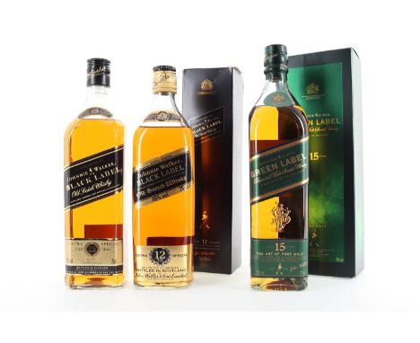 JOHNNIE WALKER 15 YEAR OLD GREEN LABEL AND 2 BOTTLES OF JOHNNIE WALKER 12 YEAR OLD BLACK LABEL 75CL BLENDED WHISKY  Johnnie W