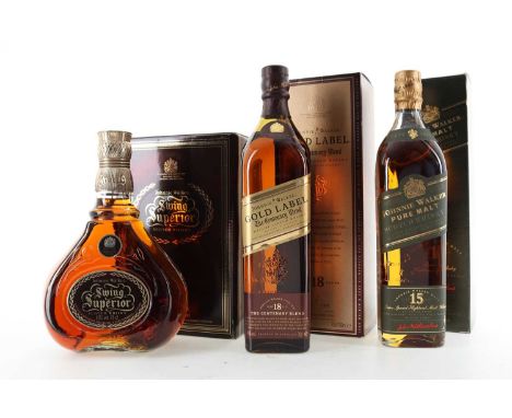 JOHNNIE WALKER 18 YEAR OLD GOLD LABEL, 15 YEAR OLD GREEN LABEL AND SWING 75CL BLENDED WHISKY  Johnnie Walker 18 Year Old Gold