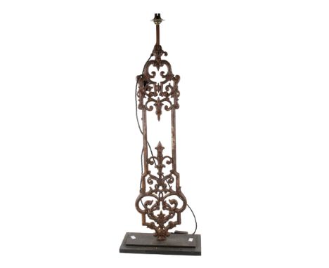 Scratch built cast iron floor lamp base. Raised on a stepped rectangular base, H99cm 