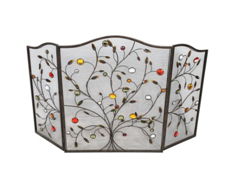 A folding metal fireguard screen. Of wire mesh with floral decoration. H80cm x W126cm 