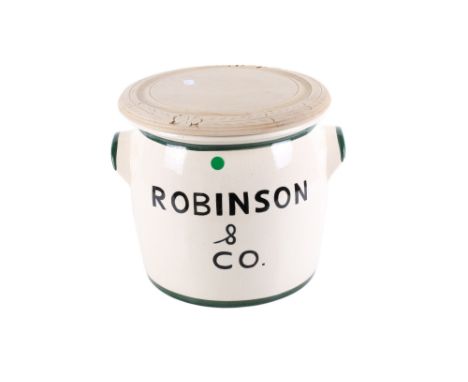 A contemporary Robinson & Co ceramic bread bin. Glazed in white with twin handles and green details, the wooden top doubles a