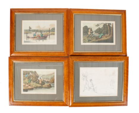 Four 19th century fishing related prints. Comprising a set of three Alken (Henry) etchings with aquatint by J. Clark; 'Fishin