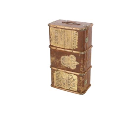 An early 20th century wood bound steamer trunk with later Harry Potter themed decoration. H32cm x W92cm x D53cm.