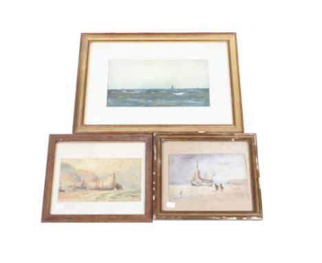 Three 19th/early 20th century seascape watercolours. Depicting boats at sea, a boat on a beach and a harbour wall. One siged 