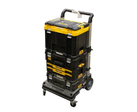 A Dewalt T STAK tool trolley. Including a SDS drill DCH273, drills DCF887 and DCD795 plus a reciprocating saw DCS367 with a t
