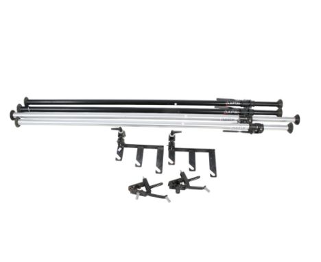 Two pairs of Manfrotto extendable Autopoles. Together with backdrop brackets and strobe clamp-mounts.