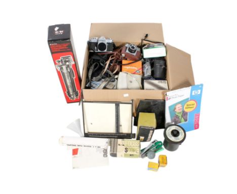 Two boxes of assorted cameras and equipment. Including a HL-31 boxed tripod, a Yashica 'TL Electro X', a Panorama 041-771, Ha