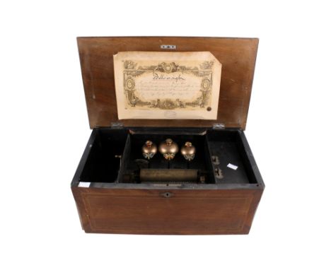 A 19th century Swiss clock work 8 Airs cylinder music box. Retailed by J. M. Ebblewhite, with enamel butterflies striking thr
