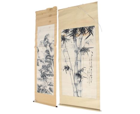 Two Chinese scroll paintings. Both featuring landscape illustrations and inscriptions, 205cm x 55cm and 189cm x 78cm Conditio