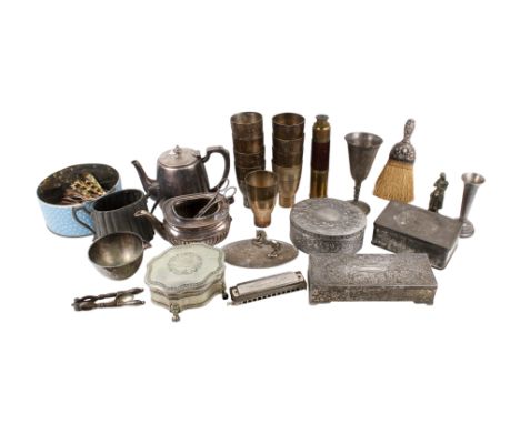 A collection of assorted silverplated items in a picnic basket. Including teapots, goblets and a tin of darts, etc. 
