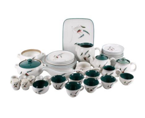A Denby Greenwheat tea and dinner service, design by Albert College. Including jug, sauce boat and tea pot, etc. Max. H17cm