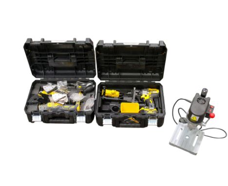 Four assorted power tools. Consisting of Dewalt DCD996 18v cordless combi drill cased, Dewalt DCS355 & DCD740 cordless angle 