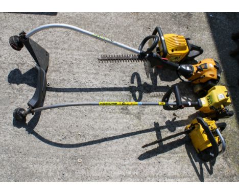 Four assorted petrol garden tools. Consisting of a McCulloch Virginia 542 hedge trimmer, JCB strimmer, McCulloch TrimMAC 210 