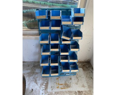 Blue screw, nuts, bolts racking. Step ladder bench. 