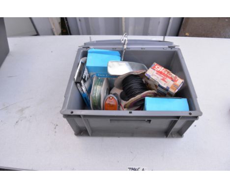 A box of car wire, a Lucas rear view mirror, Lucas brake light and indicator etc.