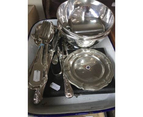 Enamel tray with plated cutlery etc 