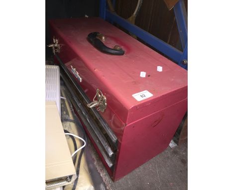 A red metal toolbox with tools 