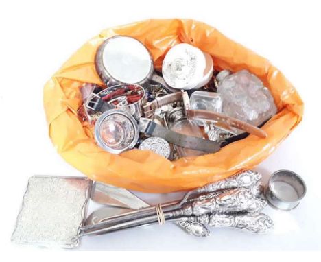 A mixed lot comprising hallmarked silver handled button hooks, shoe horns and a glove stretcher, a white metal cigarette case