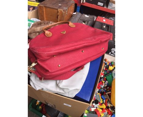 A box of handbags, metal case, reading lamp etc 