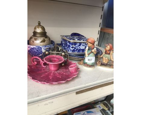 Blue and white pottery, two Hummel figure etc.. 