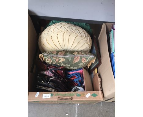 A box of handbags cushions and a pouffe 
