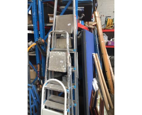 Two sets of aluminium ladders and small step ladders 