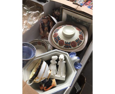 Box of pottery and some prints 