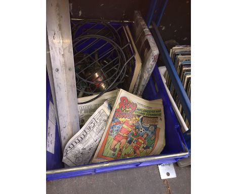 A box of misc inc Roy of the rovers comics, blow lamp, etc 
