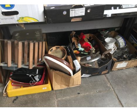 Four boxes of misc household items inc pewter mugs, multi steamer, tools 