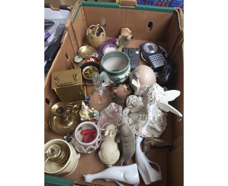 A box of pottery ornaments, carriage clock, etc 