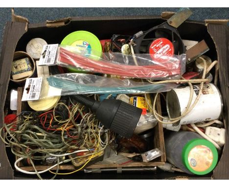 A box containing various electrical components and fittings to include an industrial desk lamp. Est. £10 - £20.