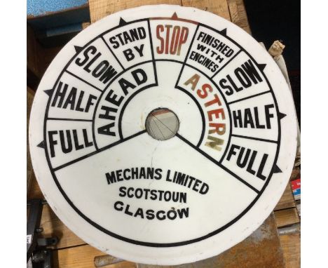 A Mechans Limited Original Ships Telegraph Porcelain Enamel Sign. Original ship's telegraph disc with various instructions, c