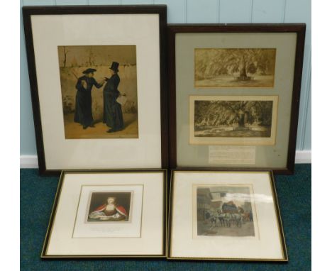 Two clerics, framed coloured print, and three others (4) (M)
