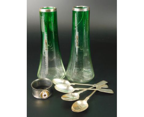 Various decorative items, to include a pair of late 19thC vases, each with silver collars, glass (AF), four fiddle pattern te