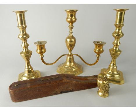 Various brassware, candlesticks, 24cm high, a boot extractor with button hooks (a quantity)