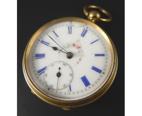 A Swiss fob watch, with white enamel dial, blue Roman numeral hands, seconds dial, key wind, brass cased. 