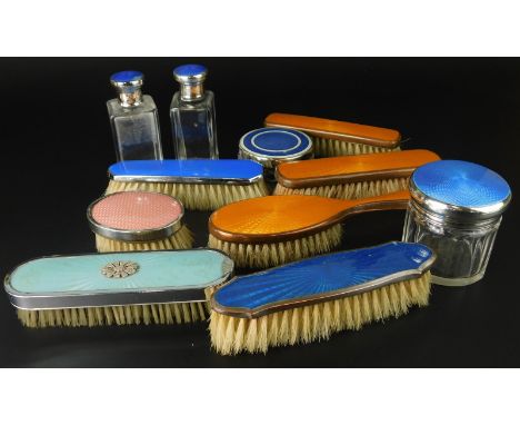 Various silver and silver plated dressing table items, to include an oval brush with silver mounts, two glass jars stamped As
