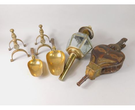 A quantity of brass and other items, to include a coaching lamp, a set of bellows, shovels etc.